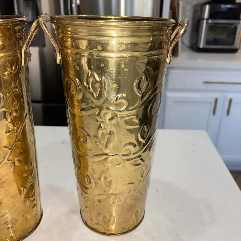 Vintage Hosley French Brass Bucket Planter Vases with Embossed Floral/Grapevine
